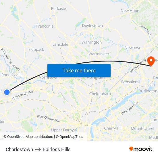 Charlestown to Fairless Hills map