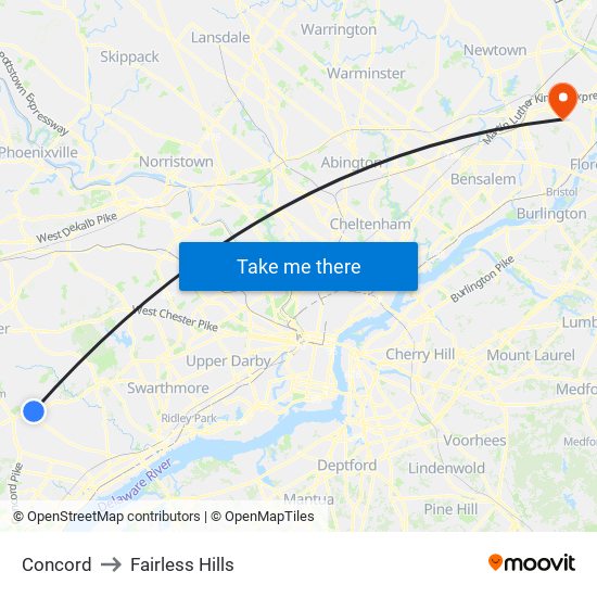 Concord to Fairless Hills map