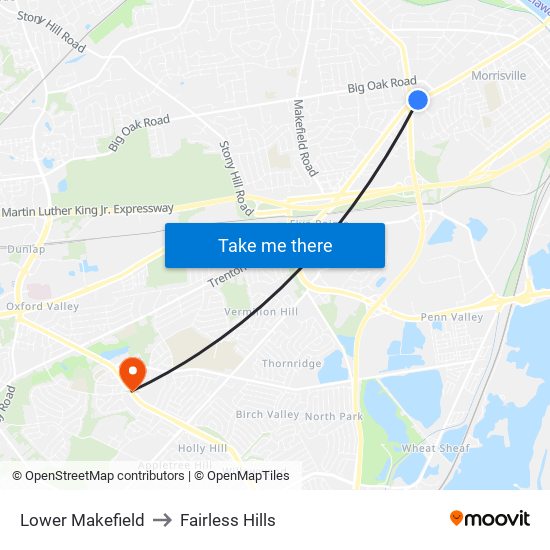 Lower Makefield to Fairless Hills map