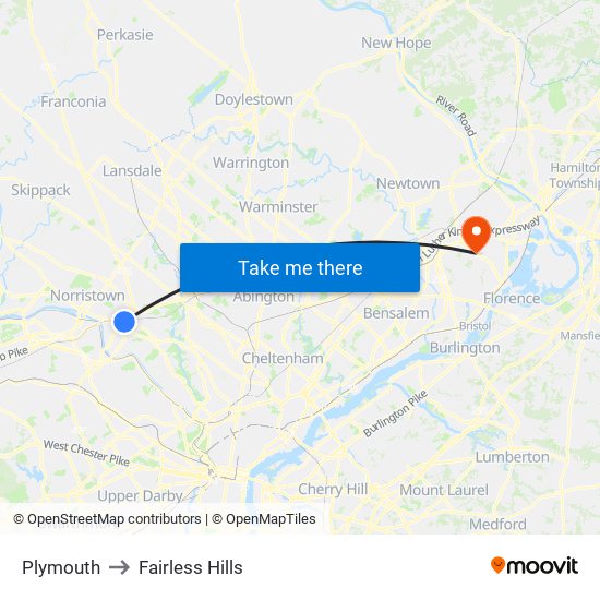 Plymouth to Fairless Hills map
