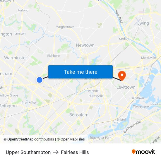 Upper Southampton to Fairless Hills map