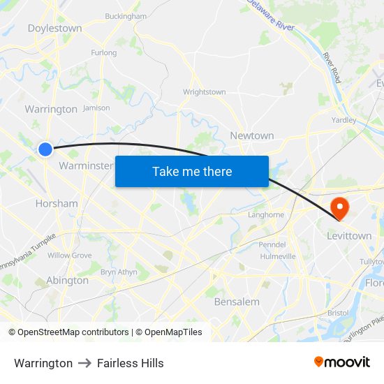 Warrington to Fairless Hills map