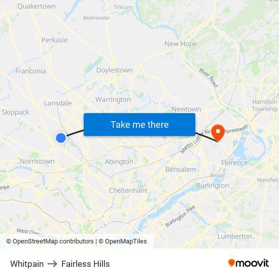 Whitpain to Fairless Hills map