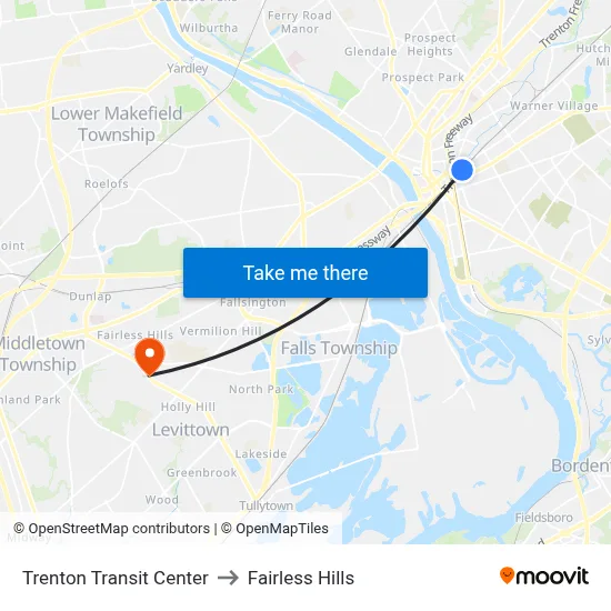 Trenton Transit Center to Fairless Hills map