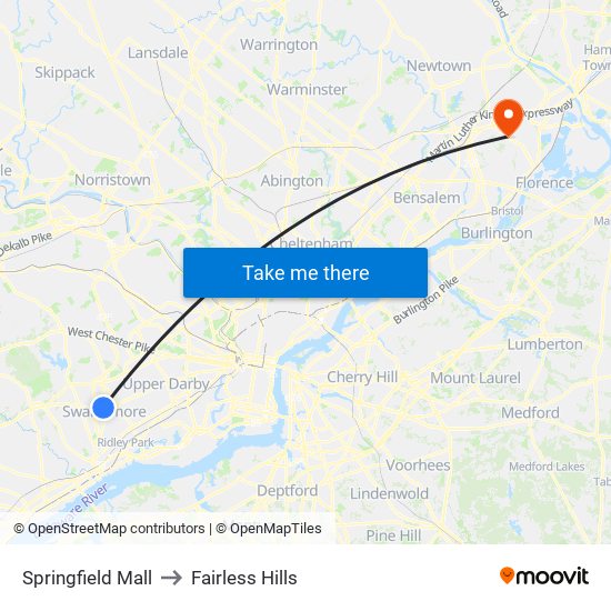 Springfield Mall to Fairless Hills map