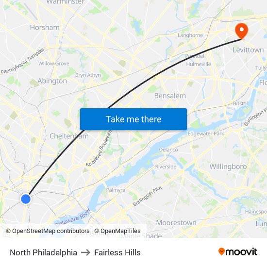 North Philadelphia to Fairless Hills map