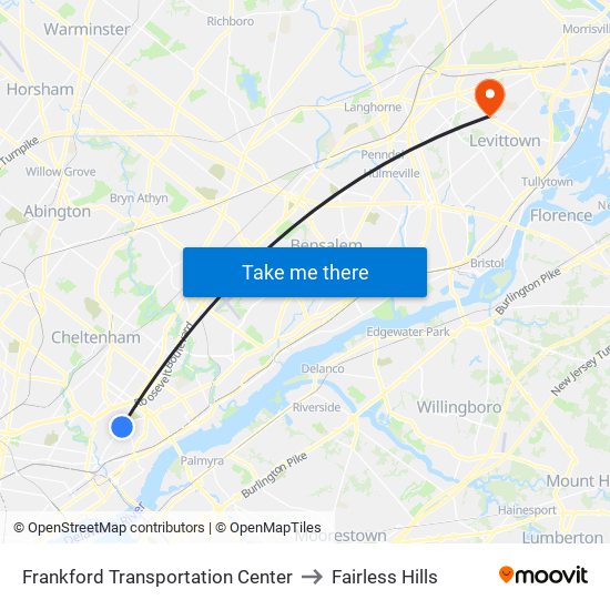 Frankford Transportation Center to Fairless Hills map