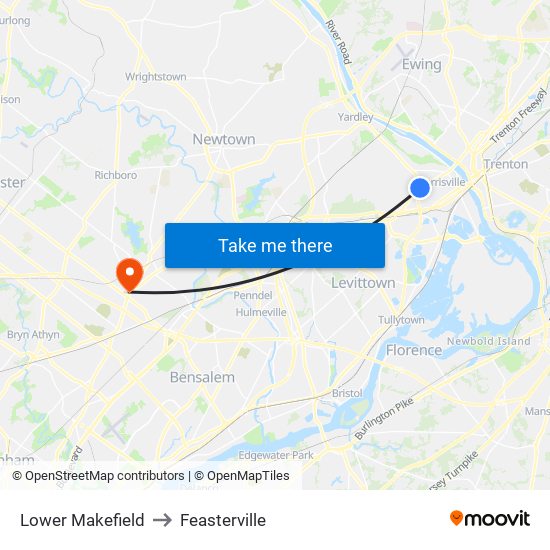 Lower Makefield to Feasterville map