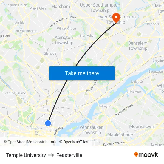 Temple University to Feasterville map