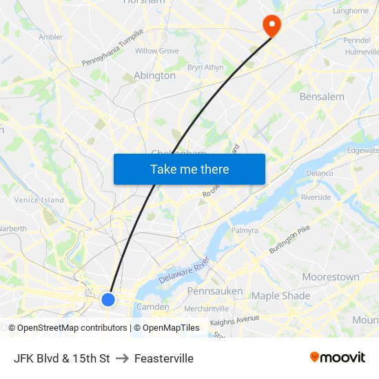 JFK Blvd & 15th St to Feasterville map