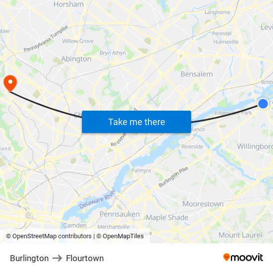 Burlington to Flourtown map