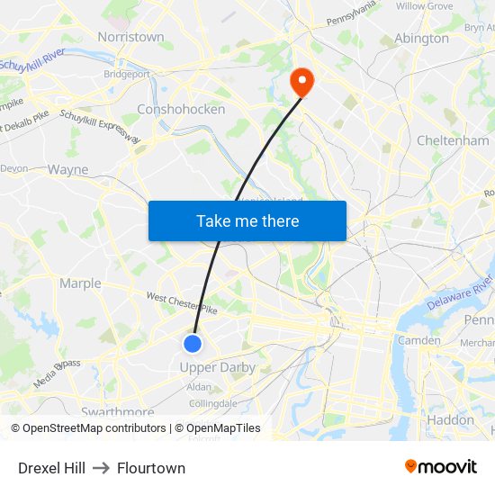 Drexel Hill to Flourtown map