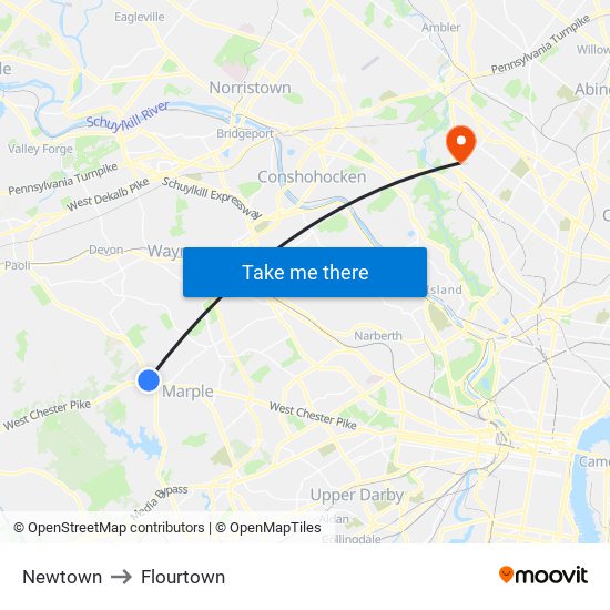 Newtown to Flourtown map
