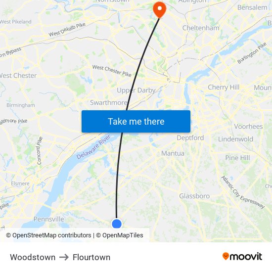 Woodstown to Flourtown map