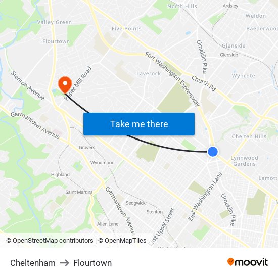 Cheltenham to Flourtown map