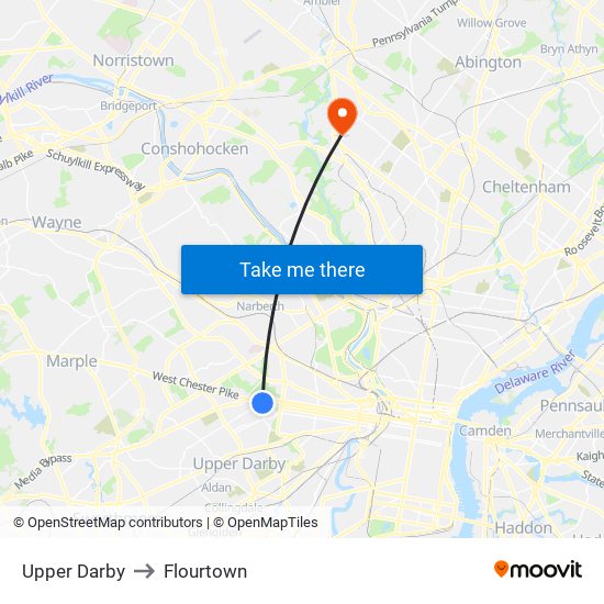 Upper Darby to Flourtown map