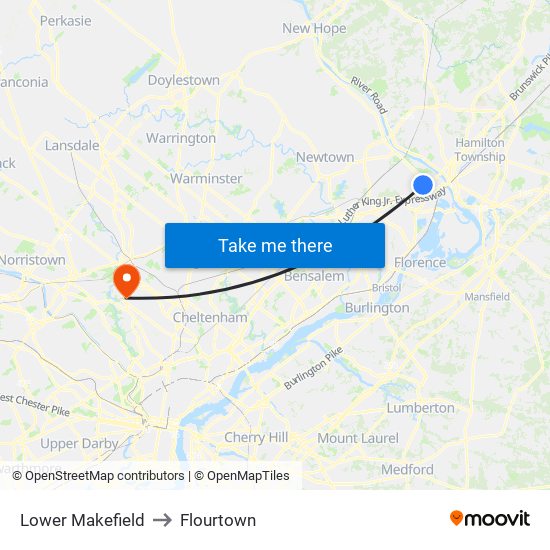 Lower Makefield to Flourtown map