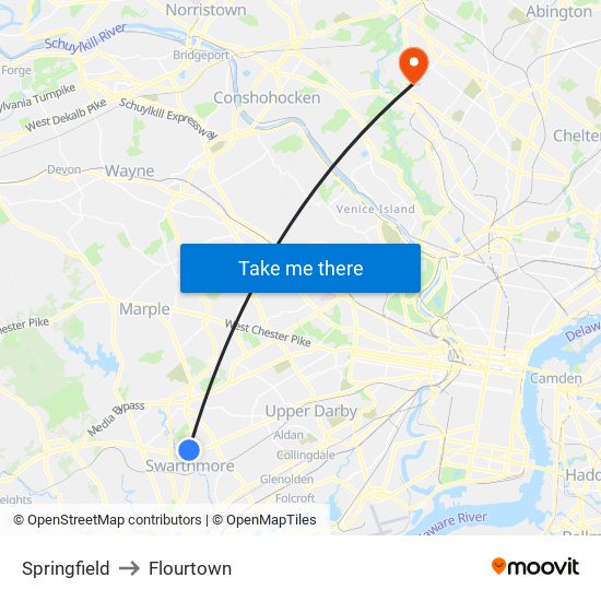 Springfield to Flourtown map