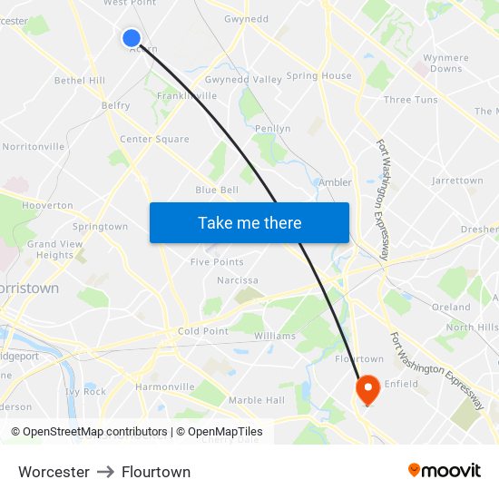 Worcester to Flourtown map