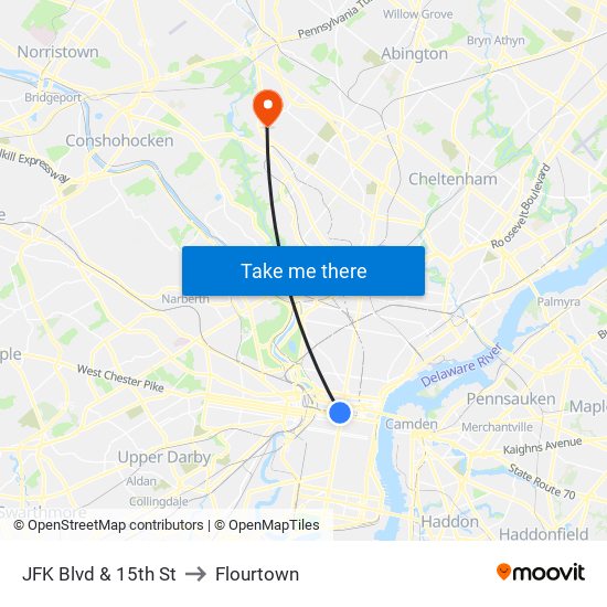 JFK Blvd & 15th St to Flourtown map