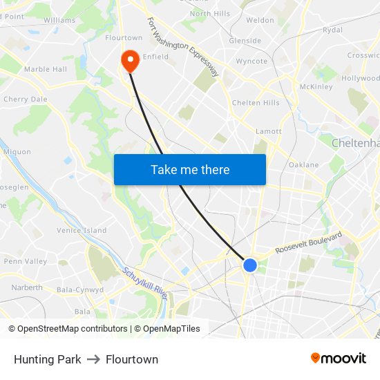 Hunting Park to Flourtown map