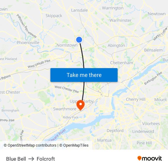 Blue Bell to Folcroft map