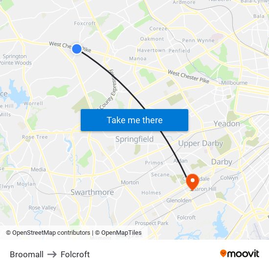 Broomall to Folcroft map