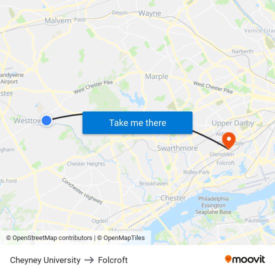 Cheyney University to Folcroft map