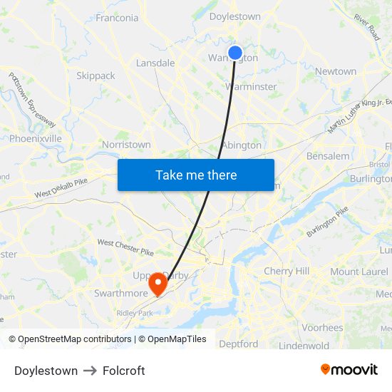 Doylestown to Folcroft map