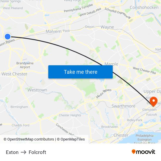 Exton to Folcroft map