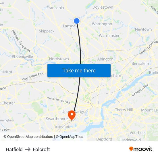 Hatfield to Folcroft map