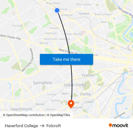 Haverford College to Folcroft map
