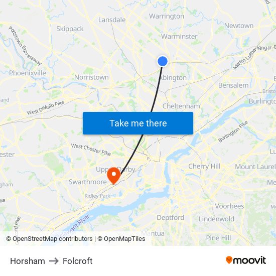 Horsham to Folcroft map