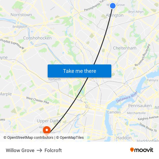 Willow Grove to Folcroft map