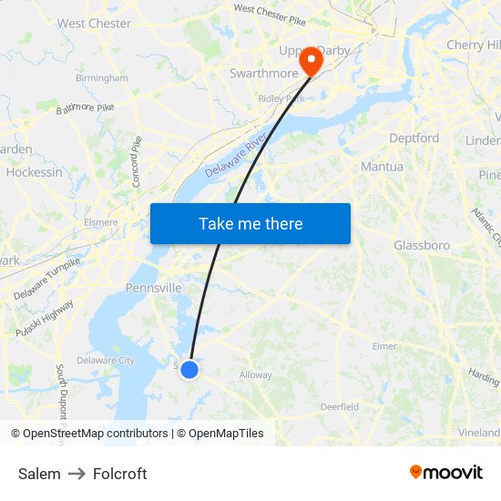 Salem to Folcroft map