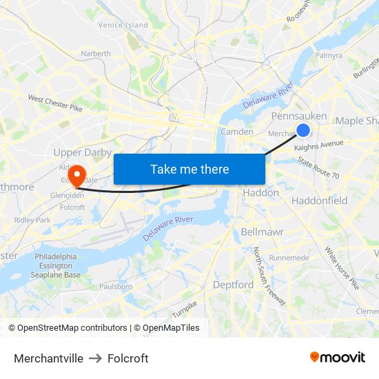 Merchantville to Folcroft map