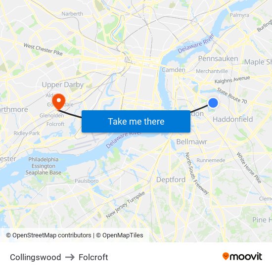 Collingswood to Folcroft map