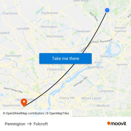 Pennington to Folcroft map