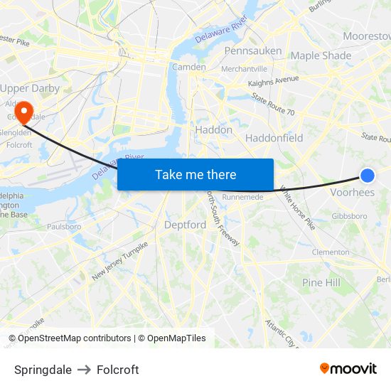 Springdale to Folcroft map