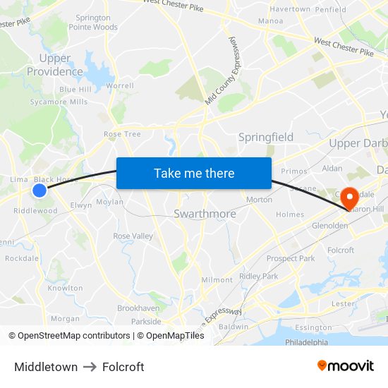 Middletown to Folcroft map