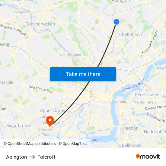 Abington to Folcroft map