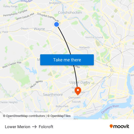 Lower Merion to Folcroft map