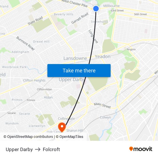 Upper Darby to Folcroft map
