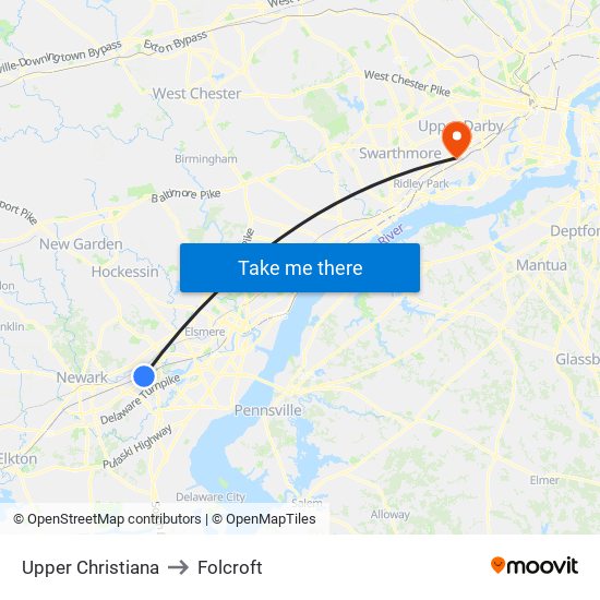 Upper Christiana to Folcroft map