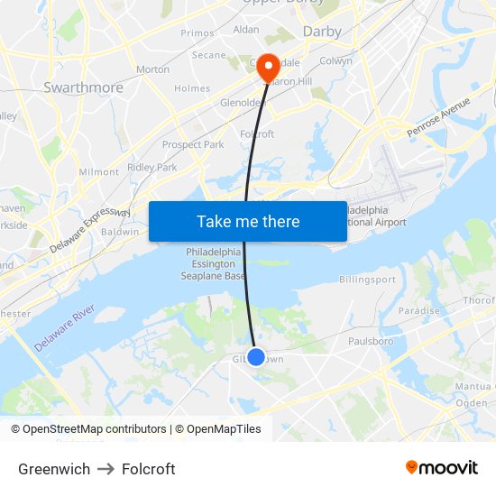 Greenwich to Folcroft map