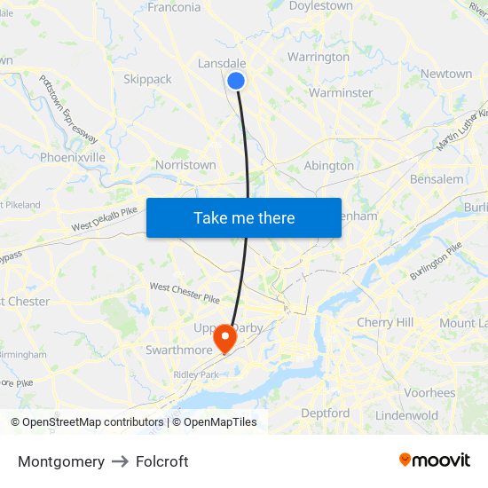 Montgomery to Folcroft map