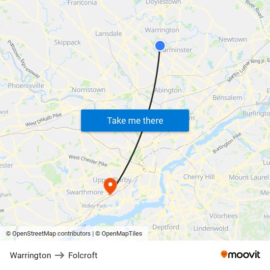 Warrington to Folcroft map