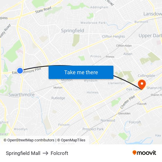 Springfield Mall to Folcroft map