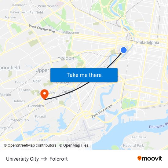 University City to Folcroft map