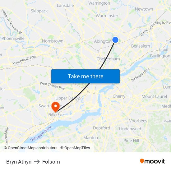 Bryn Athyn to Folsom map
